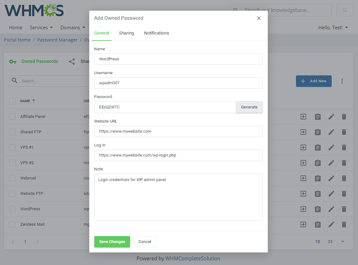 Password Manager For WHMCS: Module Screenshot 2