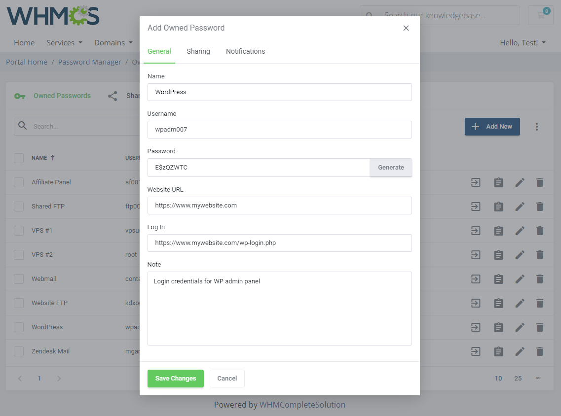 Password Manager For WHMCS: Module Screenshot 2