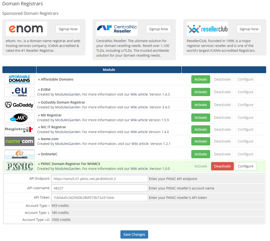 PKNIC Domain Registrar For WHMCS: Module Screenshot 1