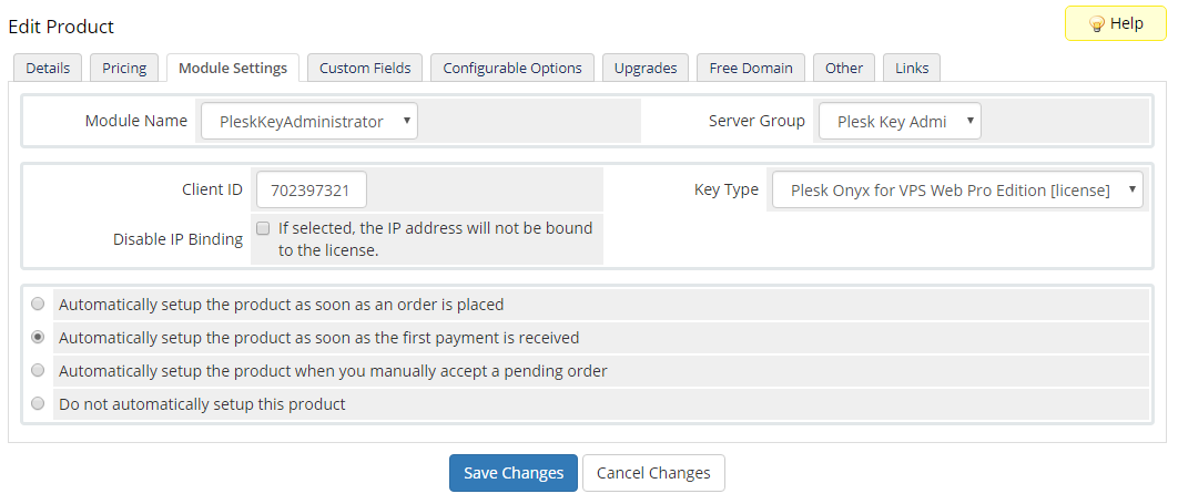 Plesk Key Administrator For WHMCS: Module Screenshot 6