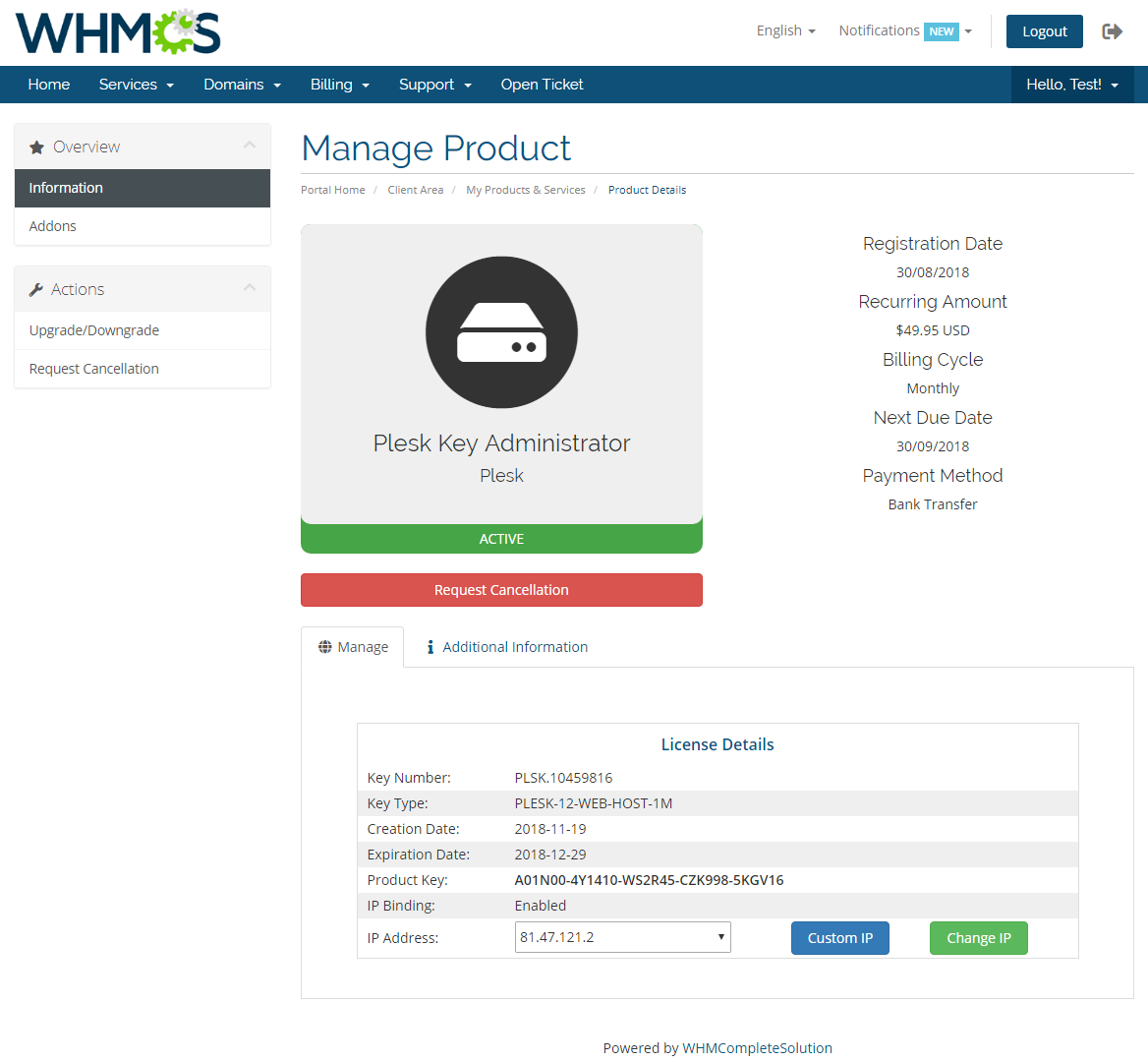 Plesk Key Administrator For WHMCS: Module Screenshot 1