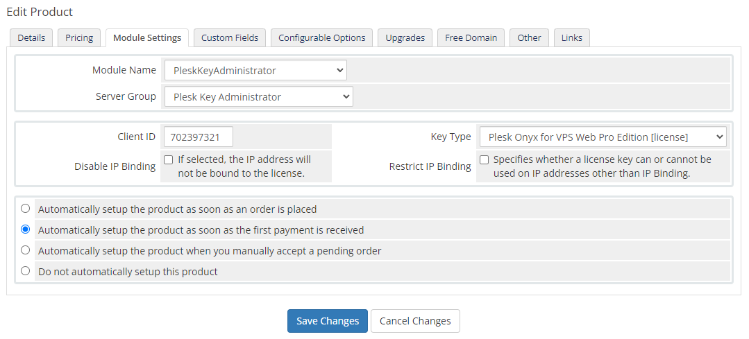 Plesk Key Administrator For WHMCS: Module Screenshot 6