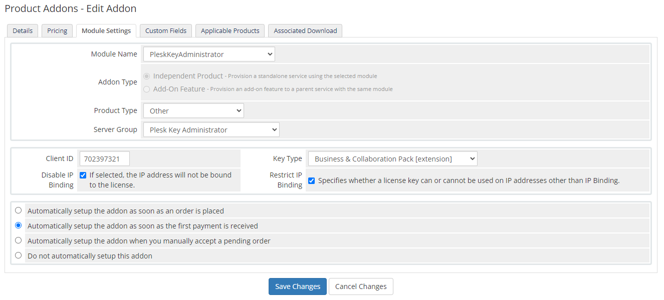 Plesk Key Administrator For WHMCS: Module Screenshot 7