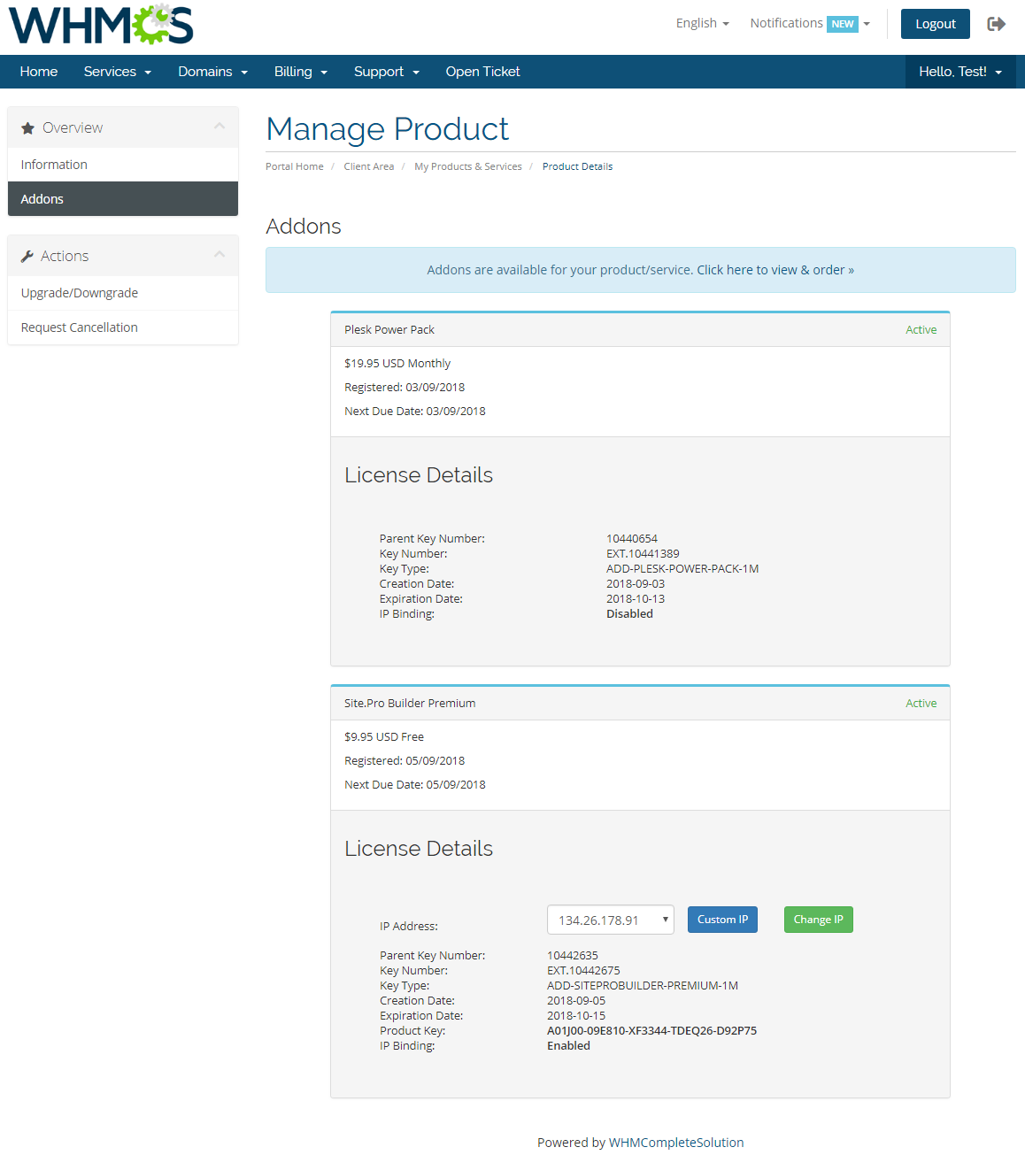 Plesk Key Administrator For WHMCS: Module Screenshot 2