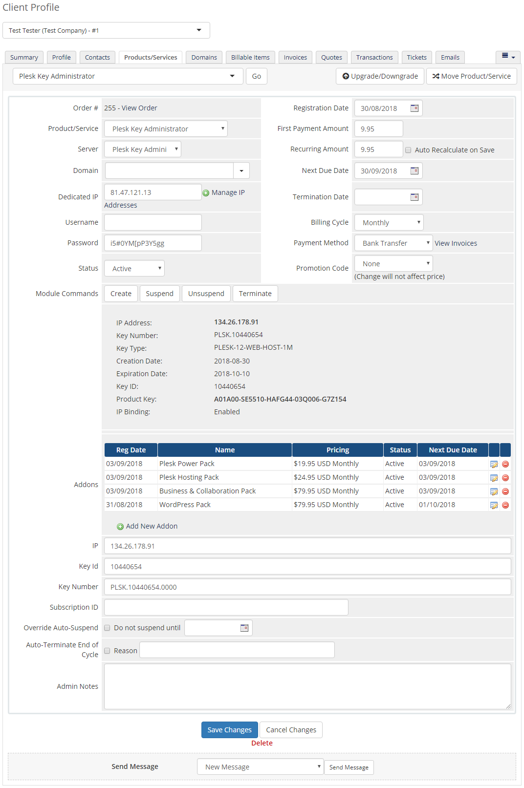 Plesk Key Administrator For WHMCS: Module Screenshot 4