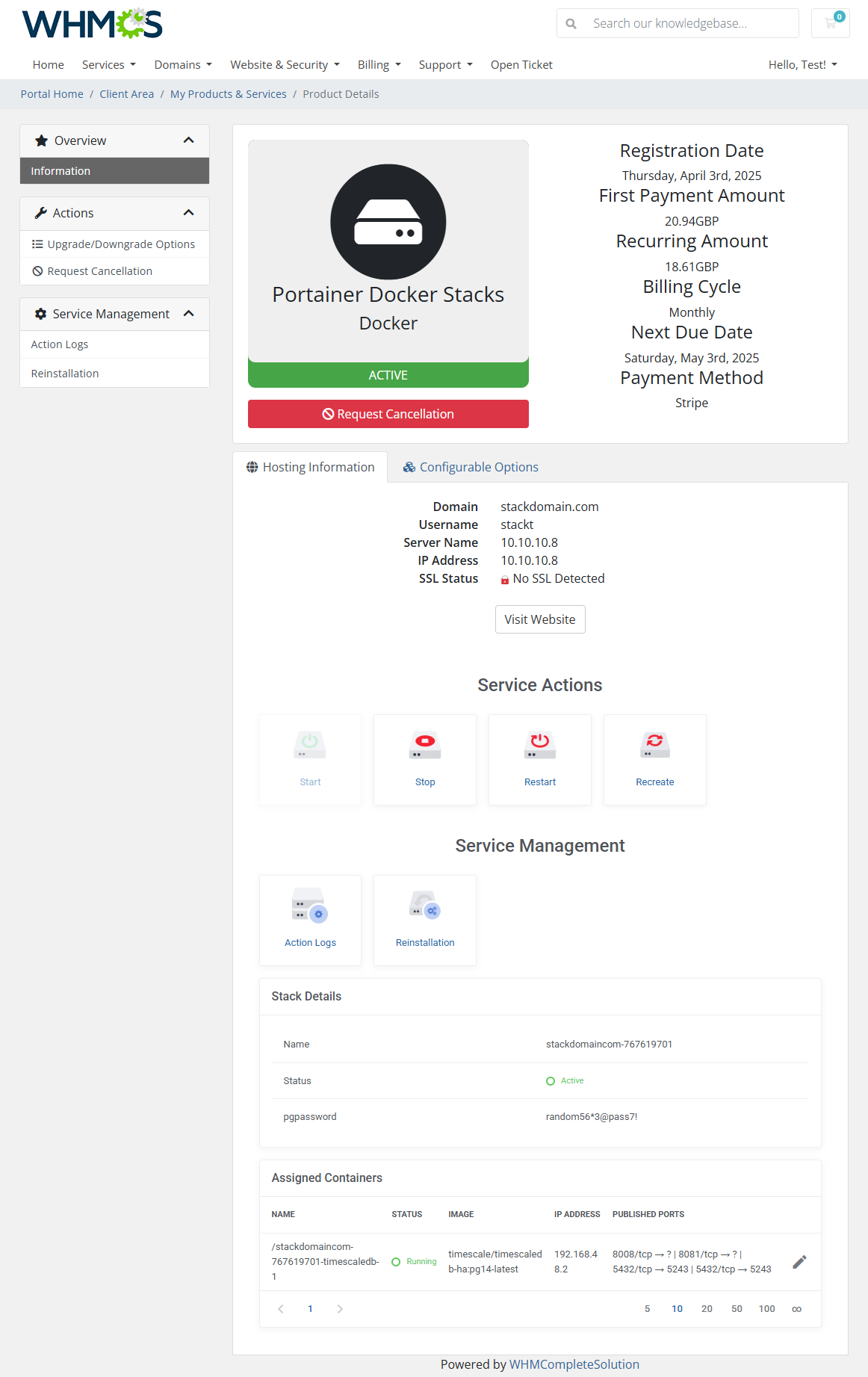 Portainer Docker Containers For WHMCS: Module Screenshot 2