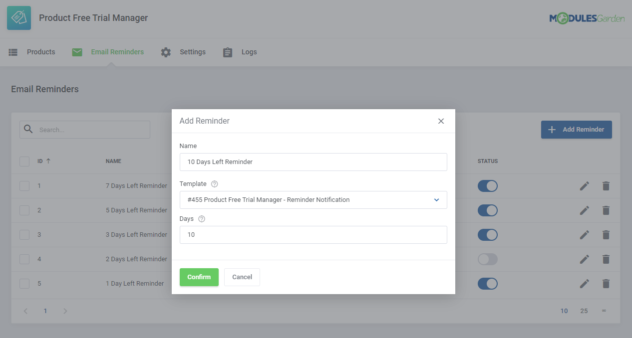 Product Free Trial Manager For WHMCS: Module Screenshot 7