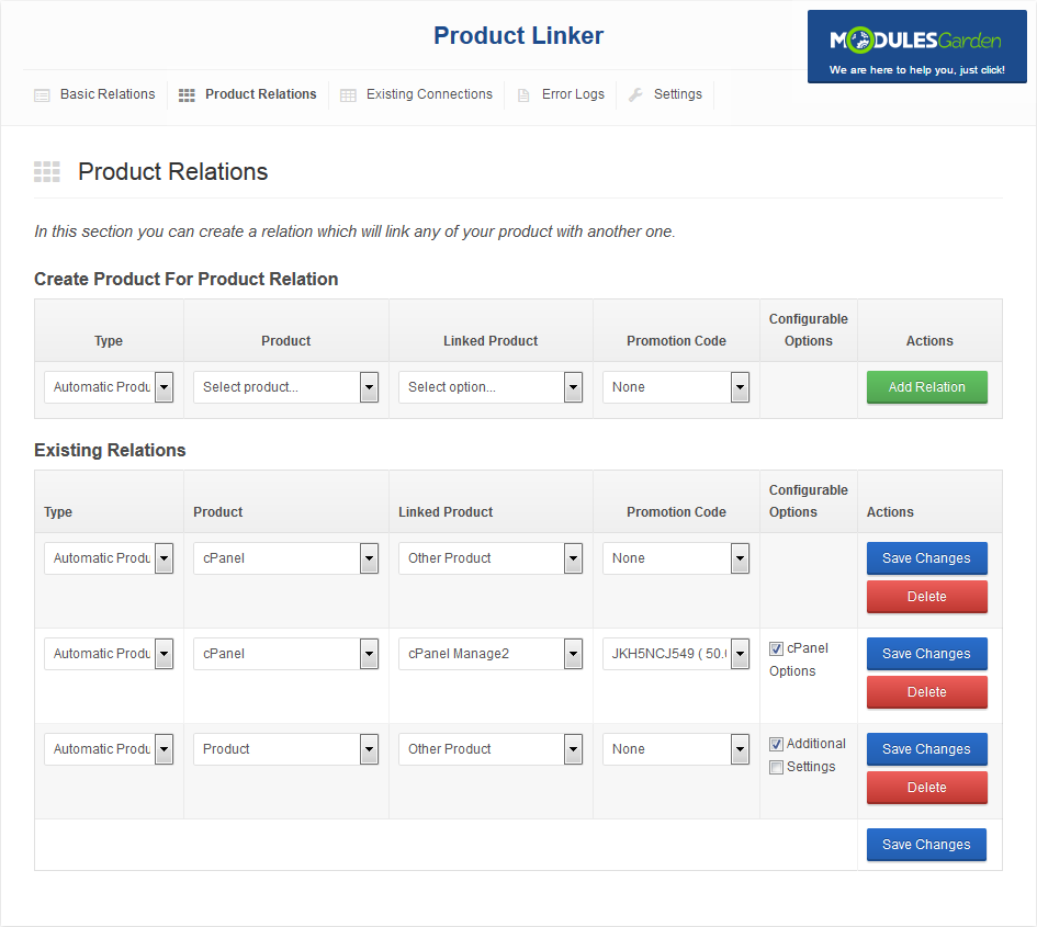 Product Linker For WHMCS: Screen 2