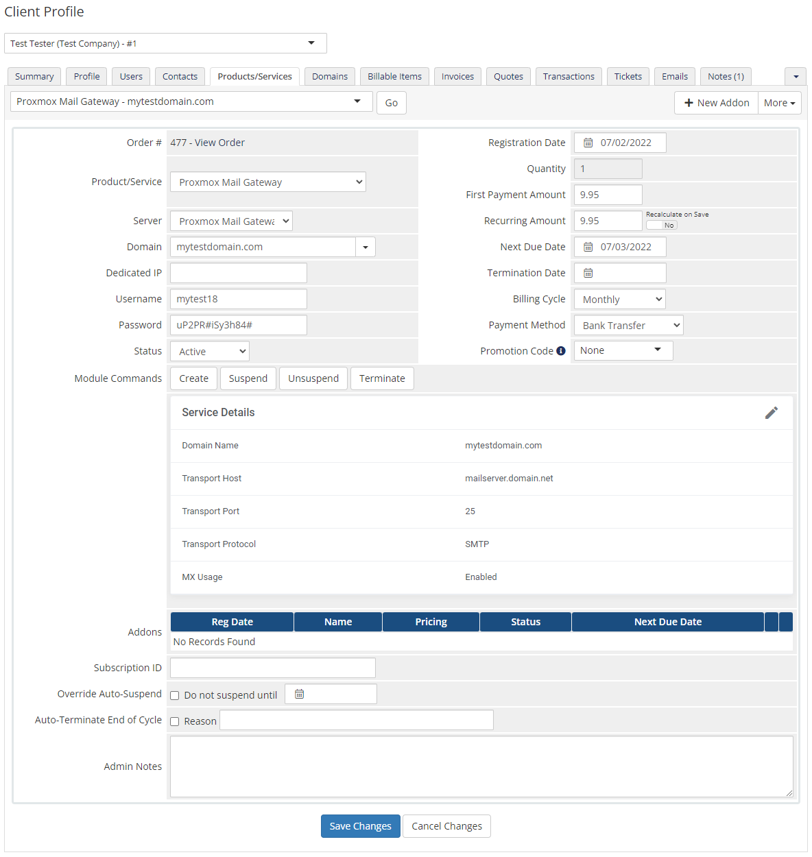 Proxmox Mail Gateway For WHMCS: Module Screenshot 3