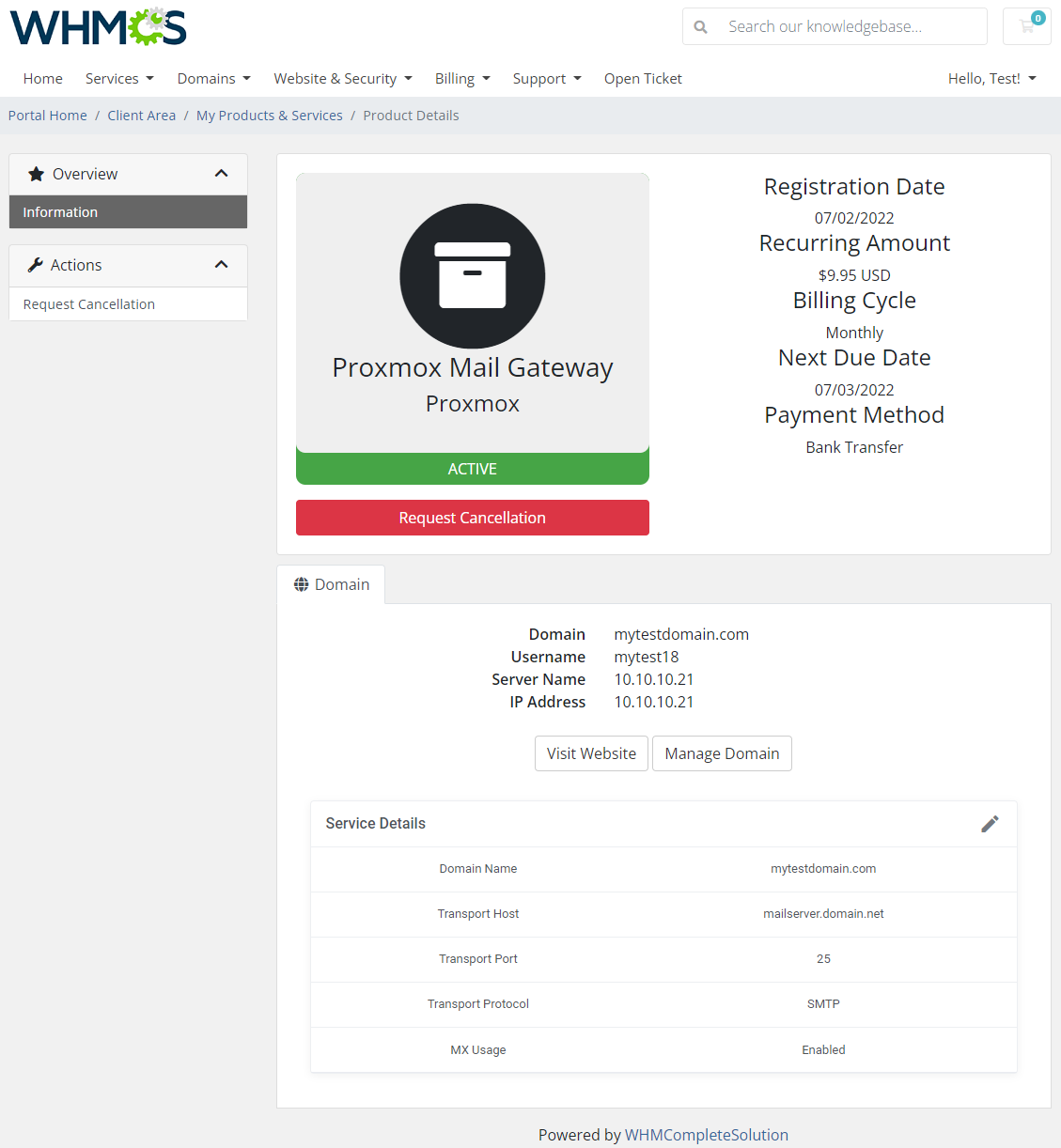 Proxmox Mail Gateway For WHMCS: Module Screenshot 1