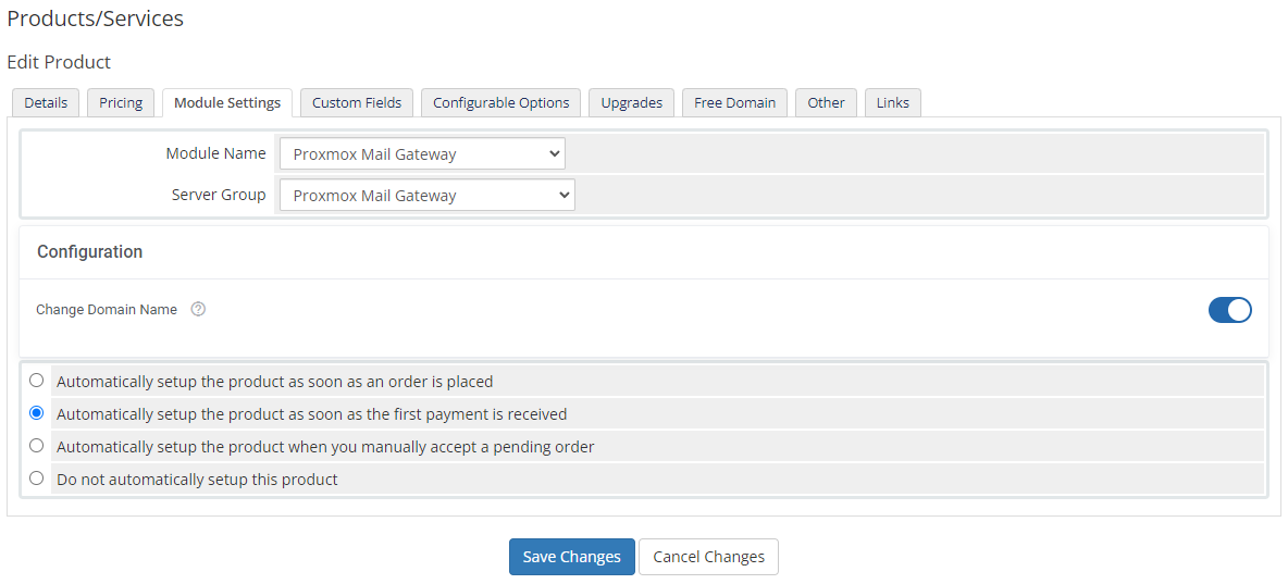 Proxmox Mail Gateway For WHMCS: Module Screenshot 4