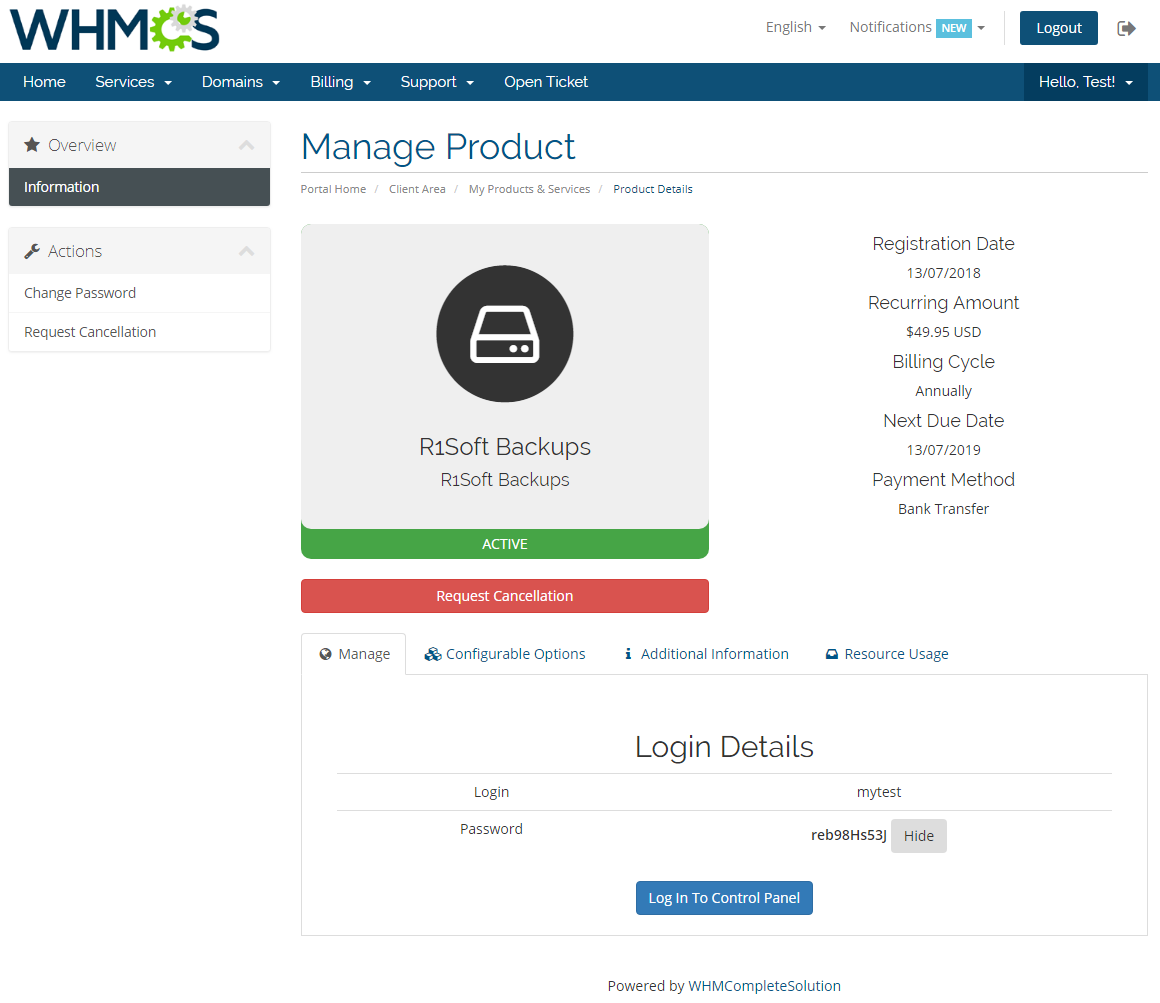 R1Soft Backups For WHMCS: Screen 1