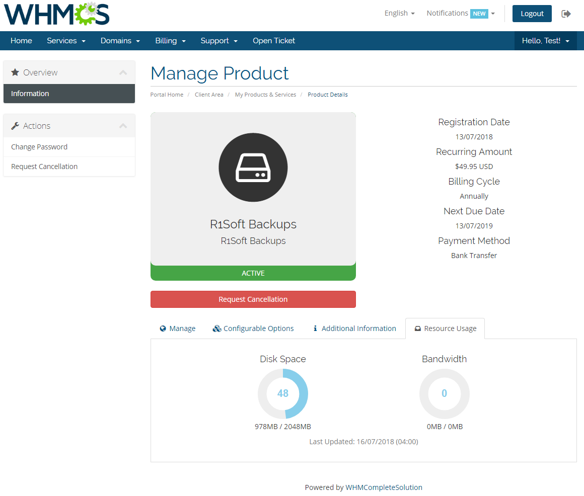 R1Soft Backups For WHMCS: Screen 2