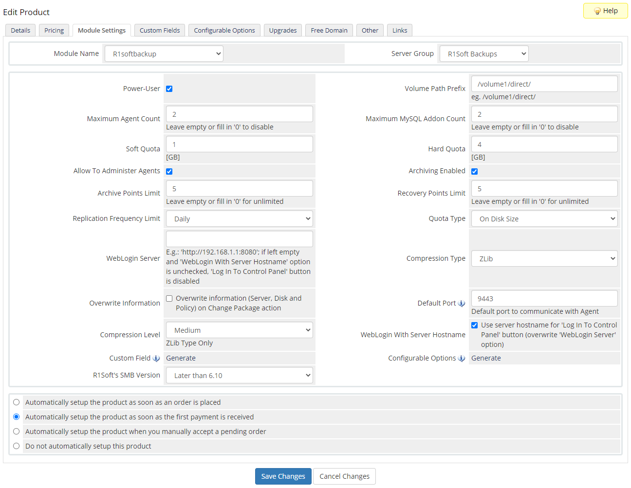 R1Soft Backups For WHMCS: Screen 5