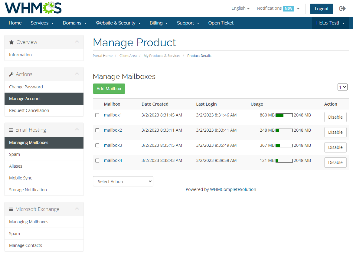 Rackspace Email Extended For WHMCS: Module Screenshot 2