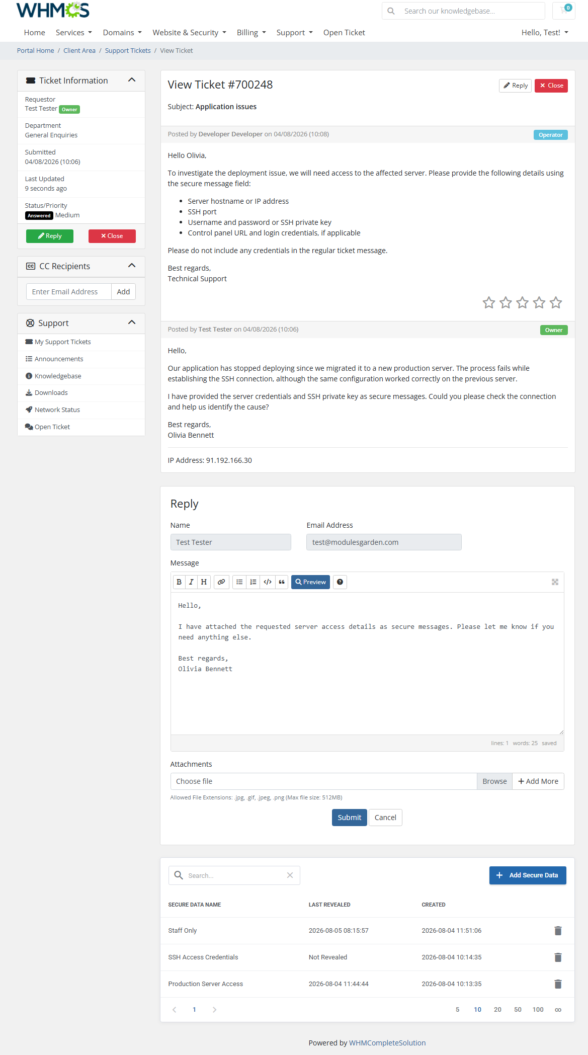 Secure Support Messages For WHMCS: Module Screenshot 1