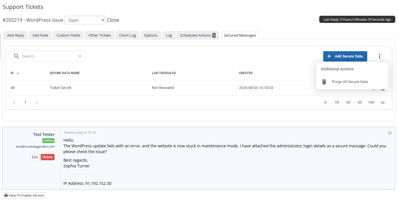 Secure Support Messages For WHMCS: Module Screenshot 4