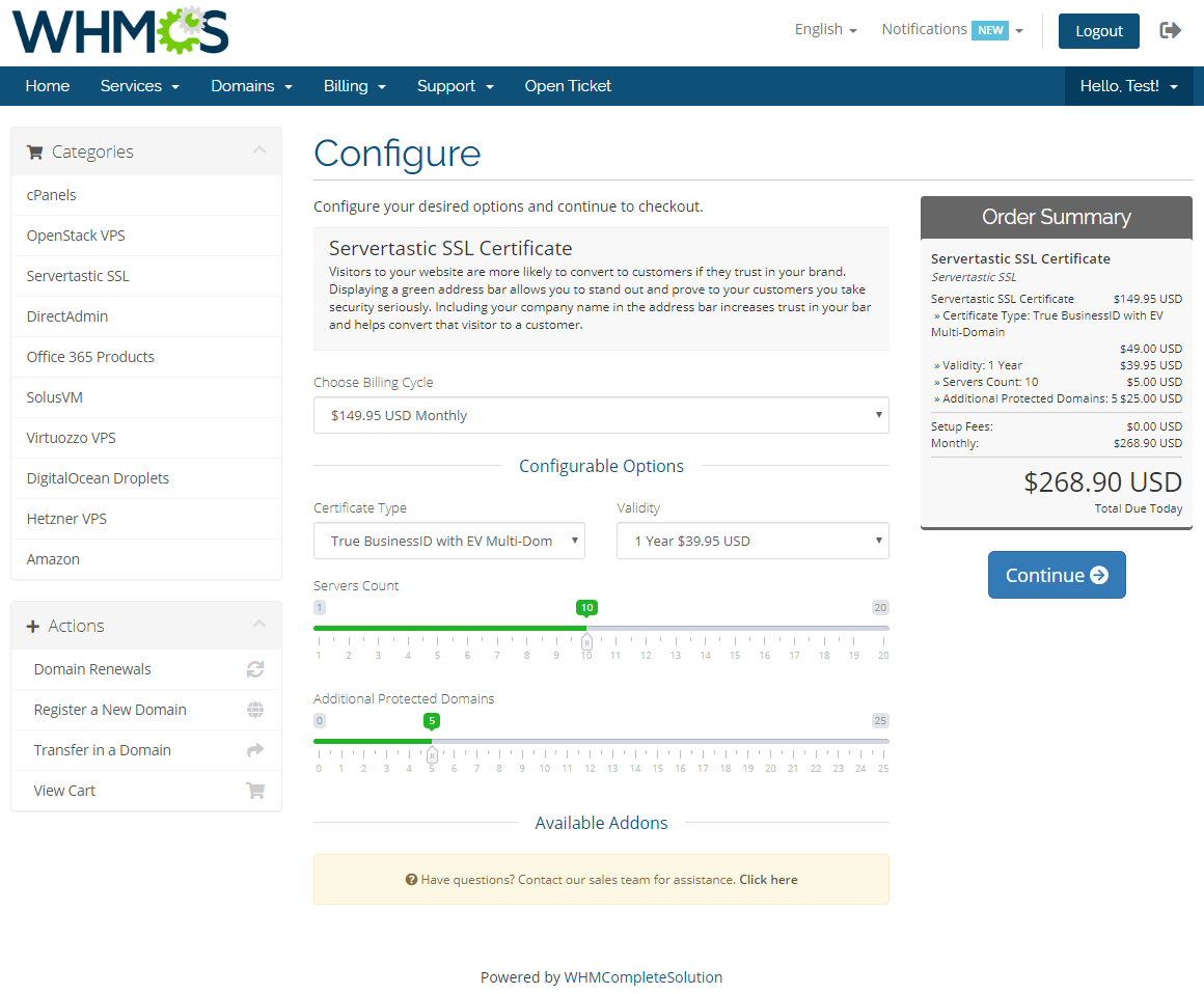 Servertastic SSL For WHMCS: Module Screenshot 1