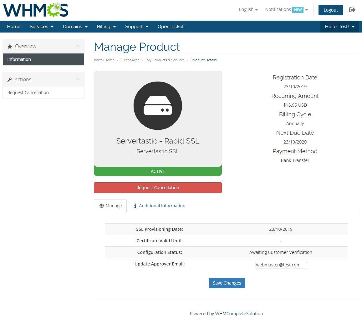 Servertastic SSL For WHMCS: Module Screenshot 2
