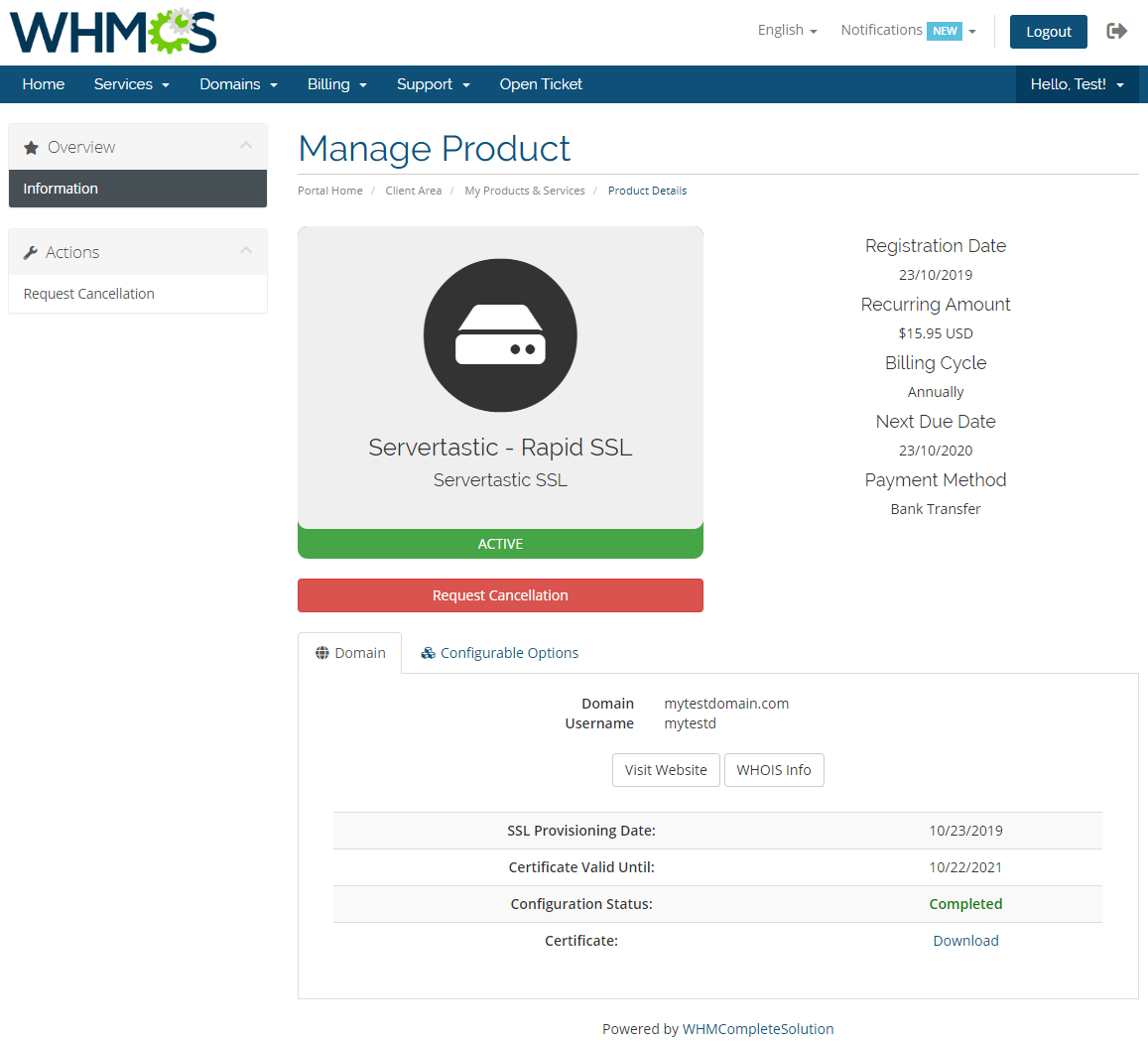 Servertastic SSL For WHMCS: Module Screenshot 3
