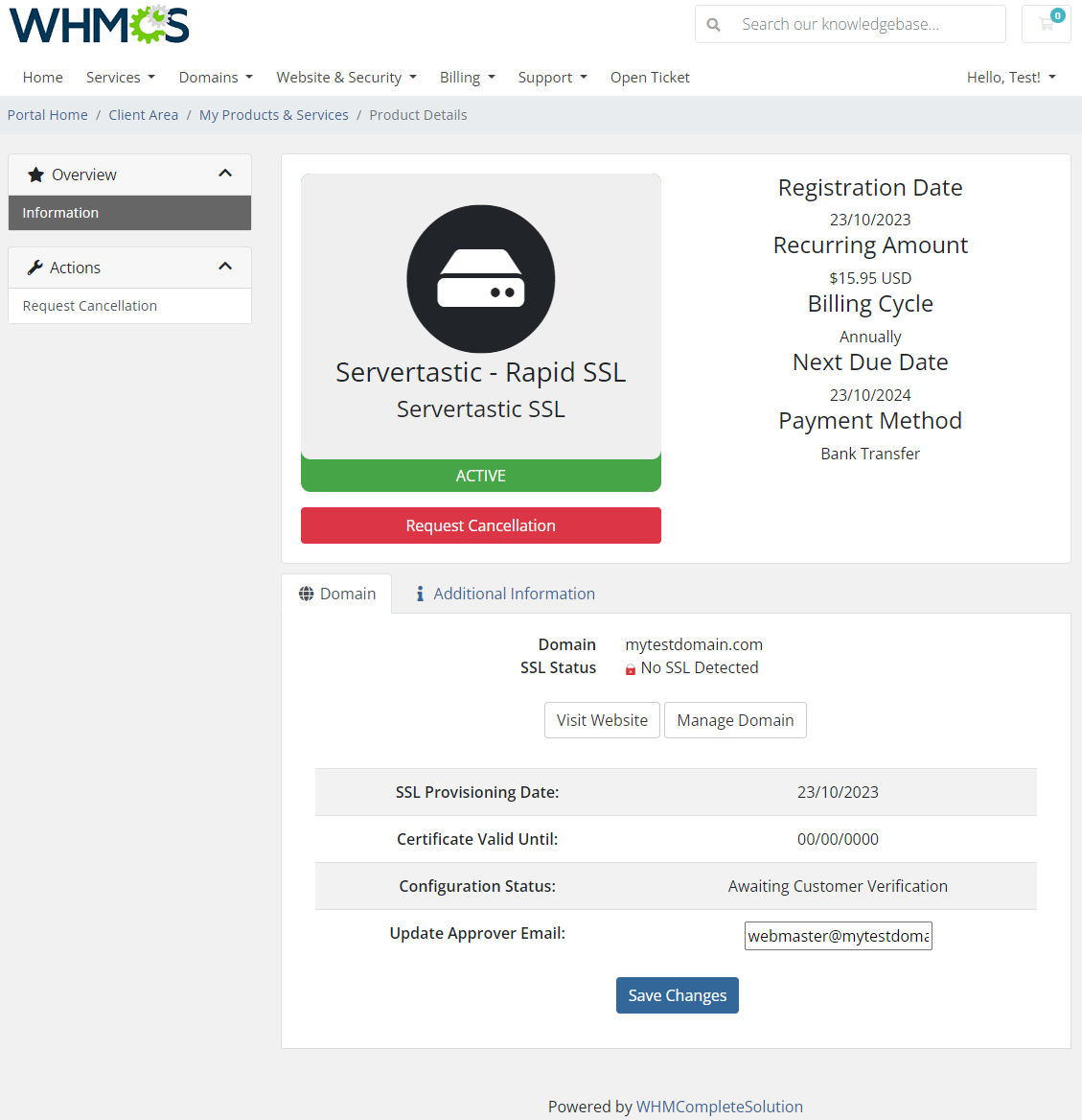Servertastic SSL For WHMCS: Module Screenshot 2