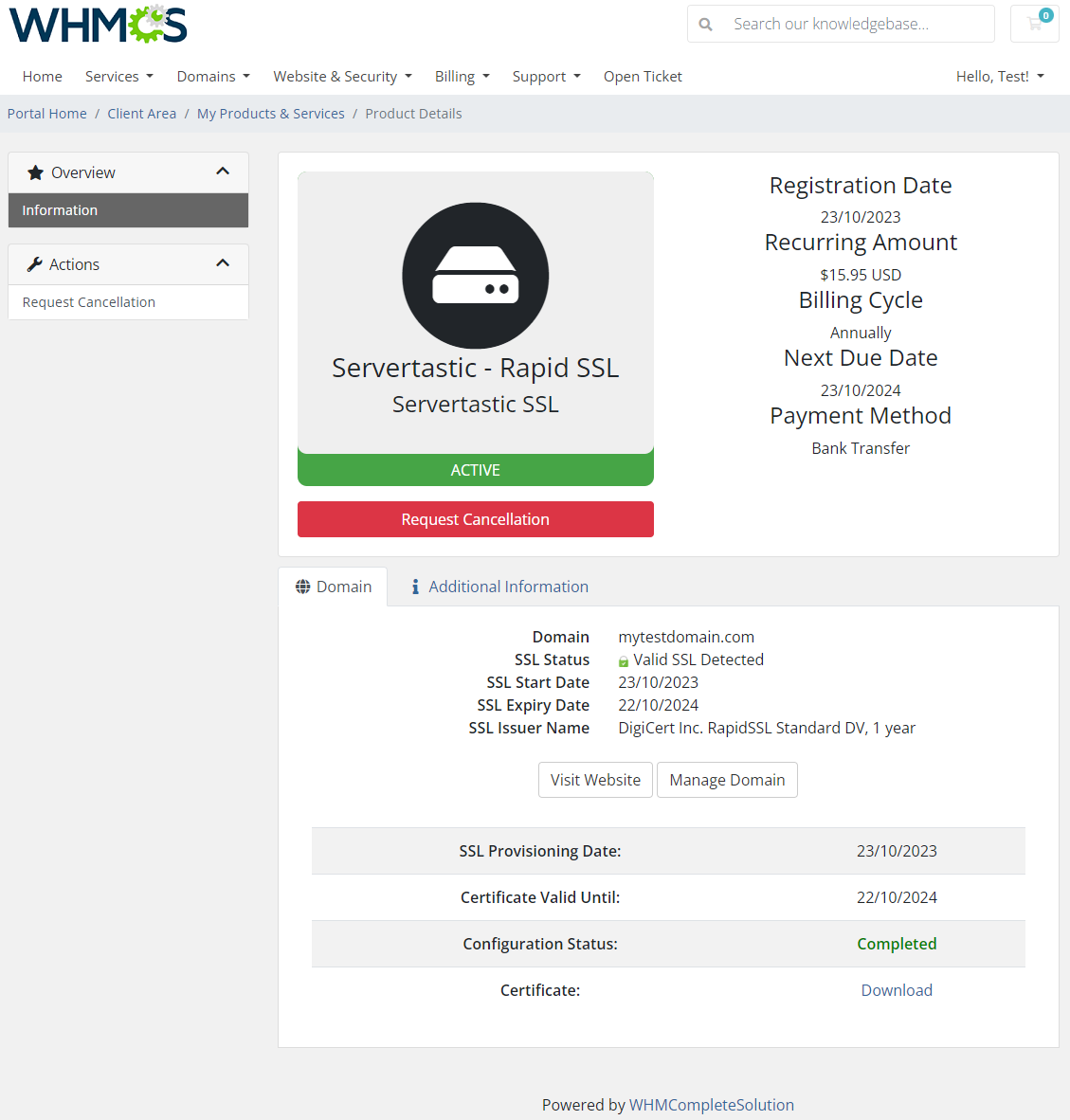 Servertastic SSL For WHMCS: Module Screenshot 3