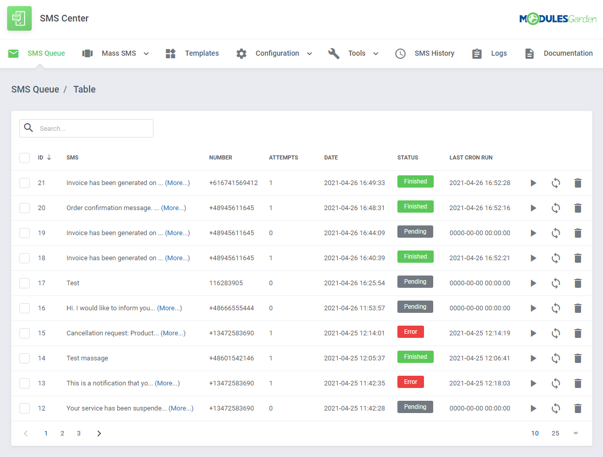 SMS Center For WHMCS: Module Screenshot 1