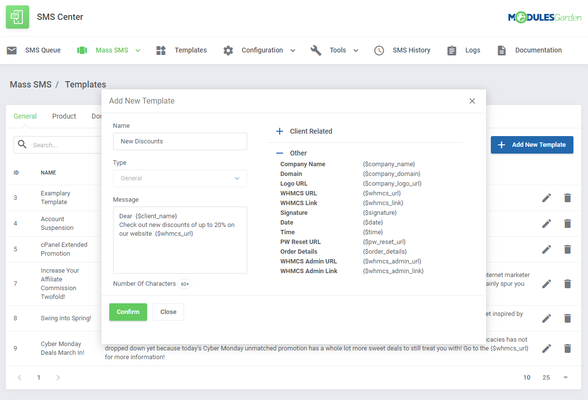SMS Center For WHMCS: Module Screenshot 3