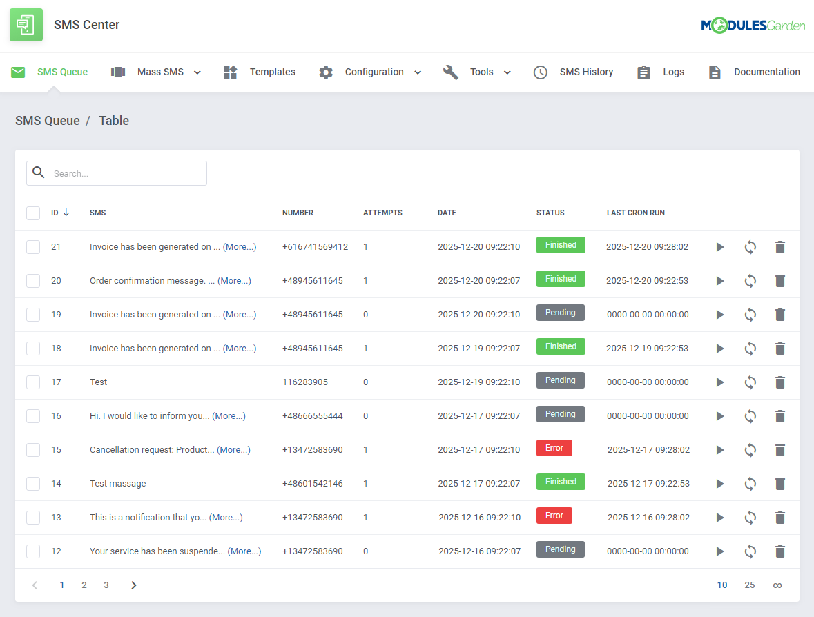 SMS Center For WHMCS: Module Screenshot 1