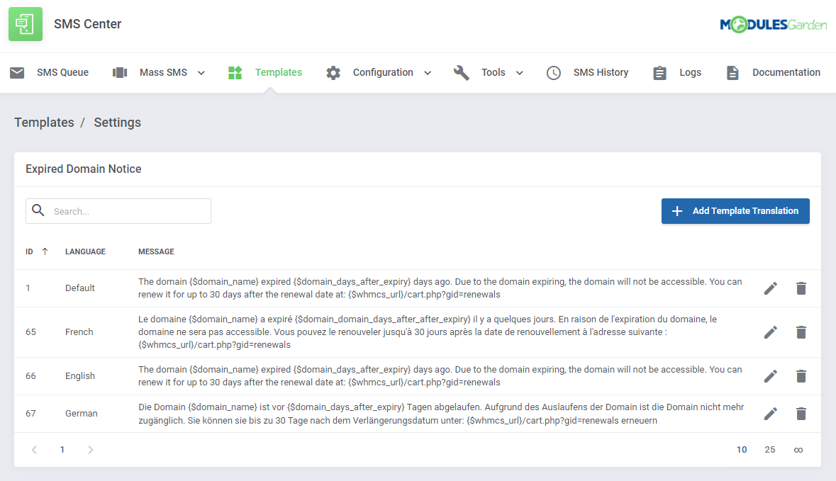 SMS Center For WHMCS: Module Screenshot 9