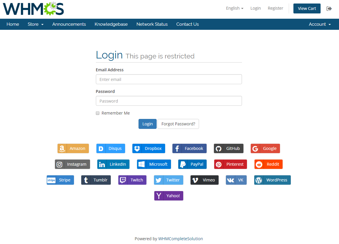 Social Media Login For WHMCS: Screen 1