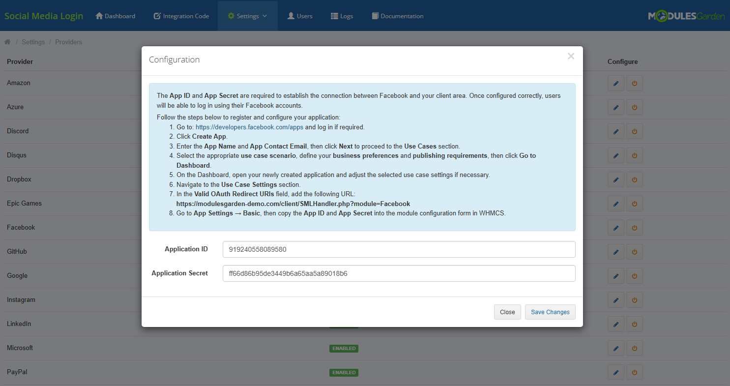 Social Media Login For WHMCS: Module Screenshot 10