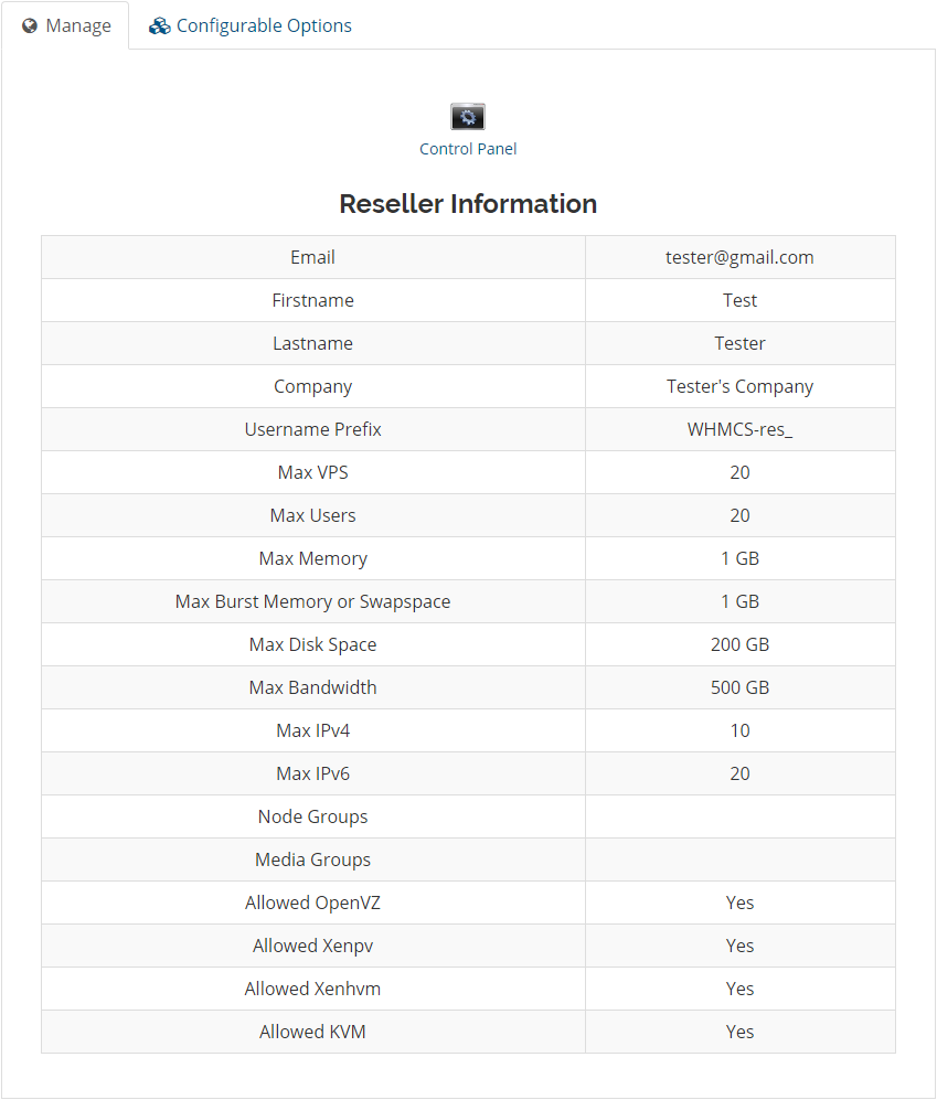 SolusVM Extended Reseller For WHMCS: Screen 1