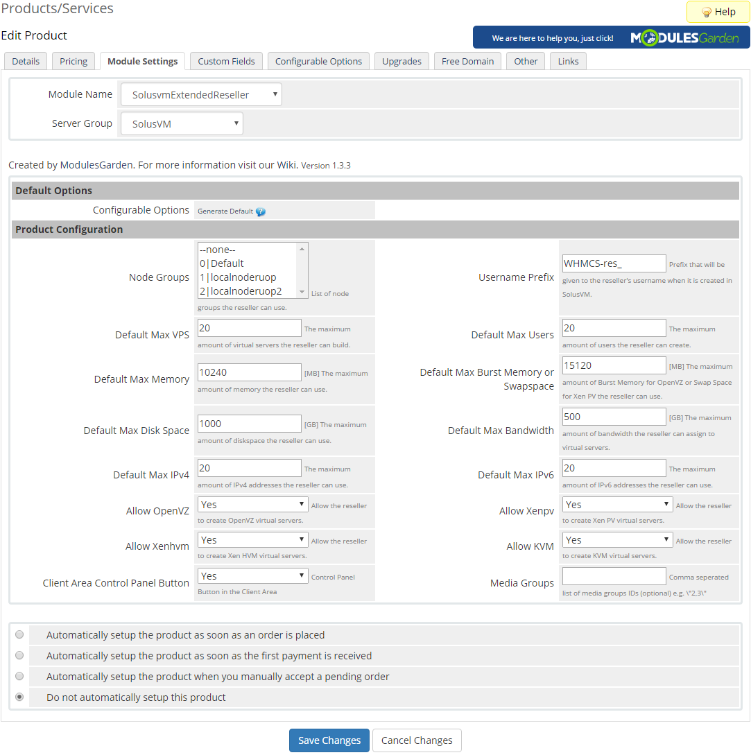 SolusVM Extended Reseller For WHMCS: Screen 3