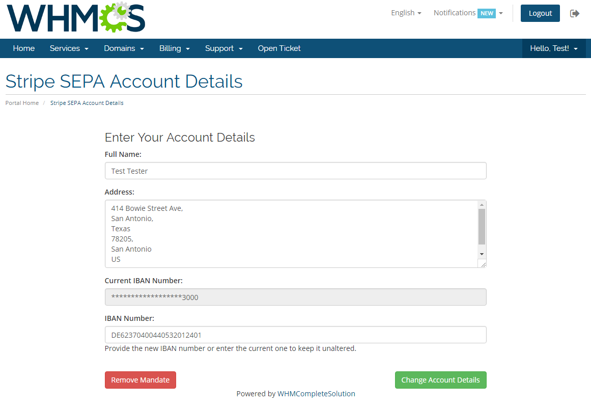Stripe SEPA Payments For WHMCS: Screen 1