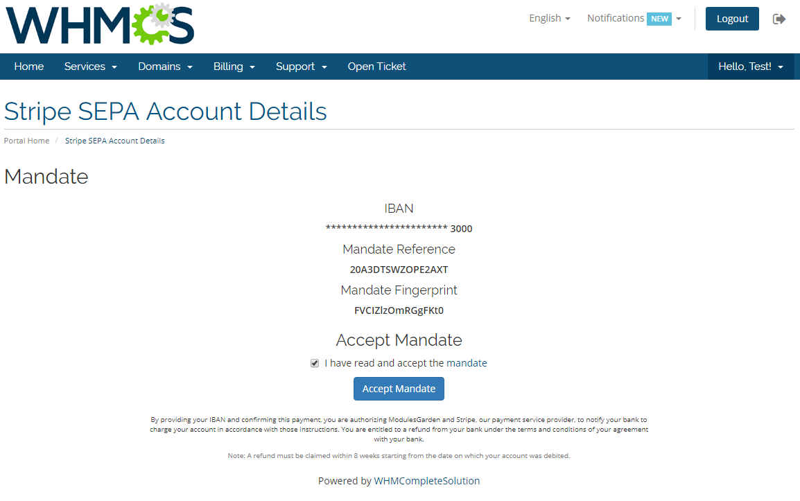 Stripe SEPA Payments For WHMCS: Screen 3