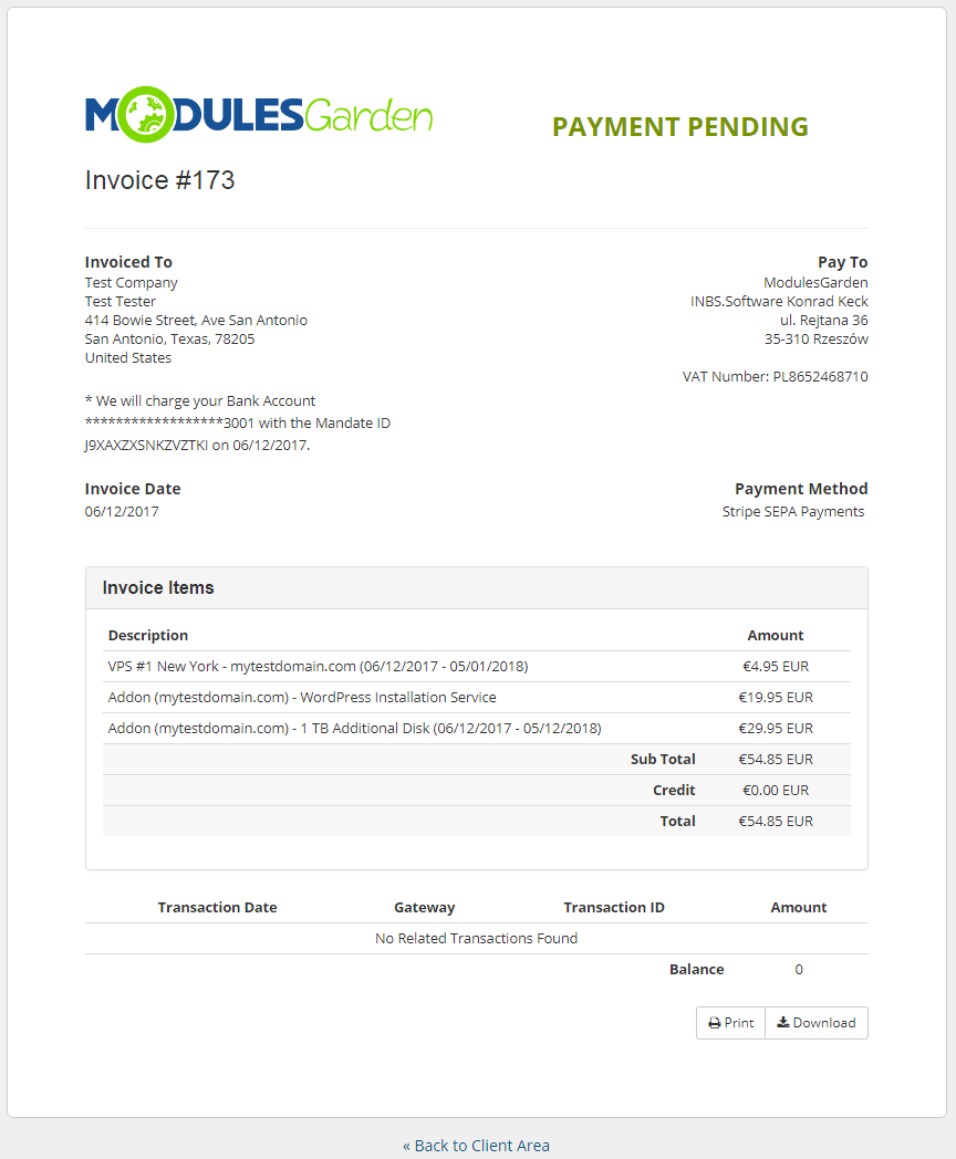 Stripe SEPA Payments For WHMCS: Screen 6