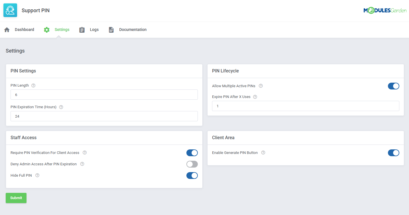 Support PIN For WHMCS: Module Screenshot 6