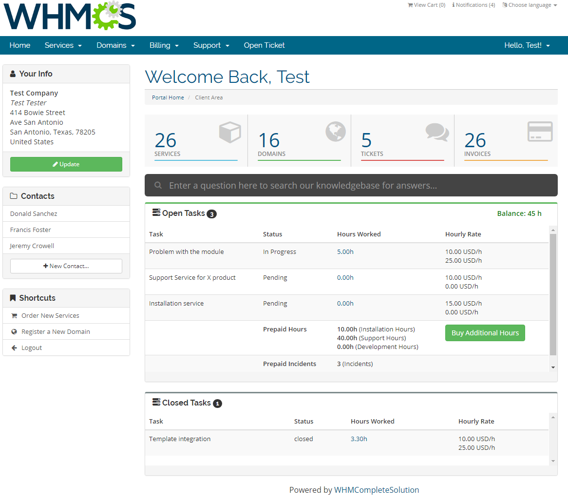 Time & Task Manager For WHMCS: Screen 1