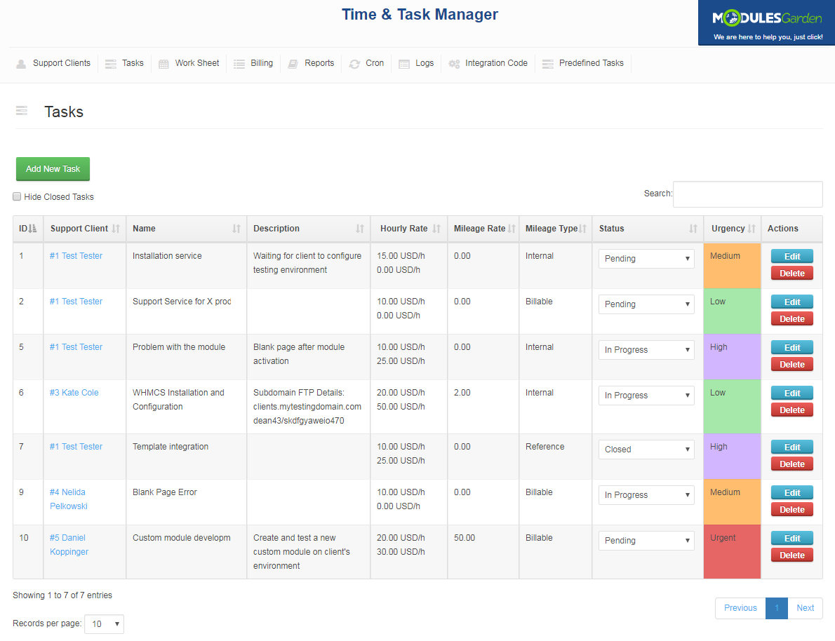 Time & Task Manager For WHMCS: Screen 6