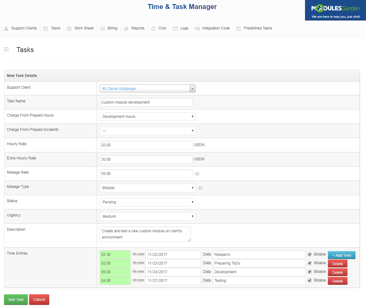 Time & Task Manager For WHMCS: Screen 7