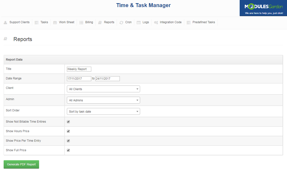Time & Task Manager For WHMCS: Screen 12