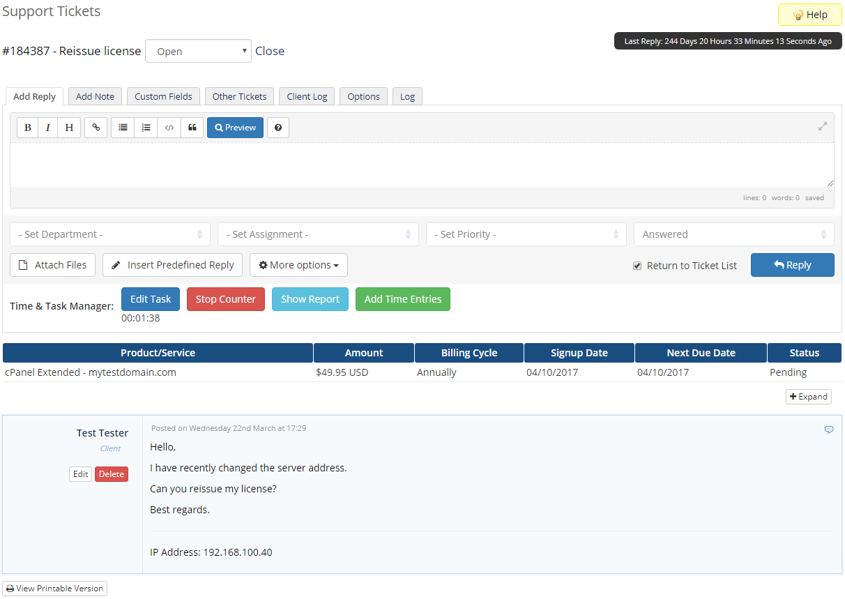Time & Task Manager For WHMCS: Screen 2