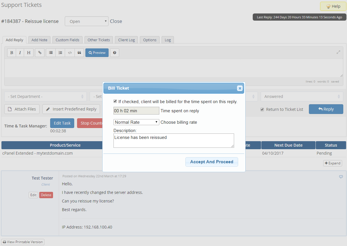 Time & Task Manager For WHMCS: Screen 4