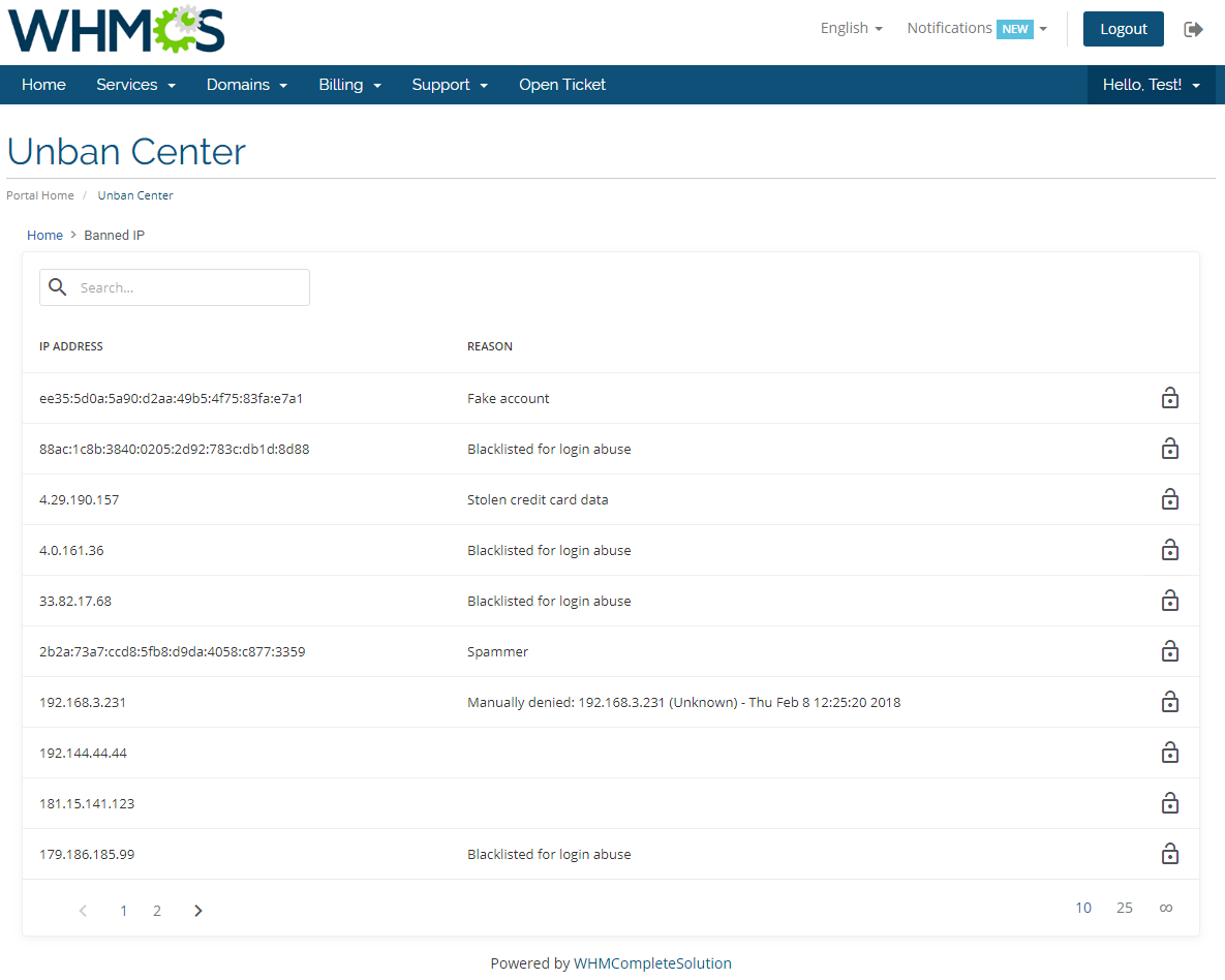 Unban Center For WHMCS: Module Screenshot 1