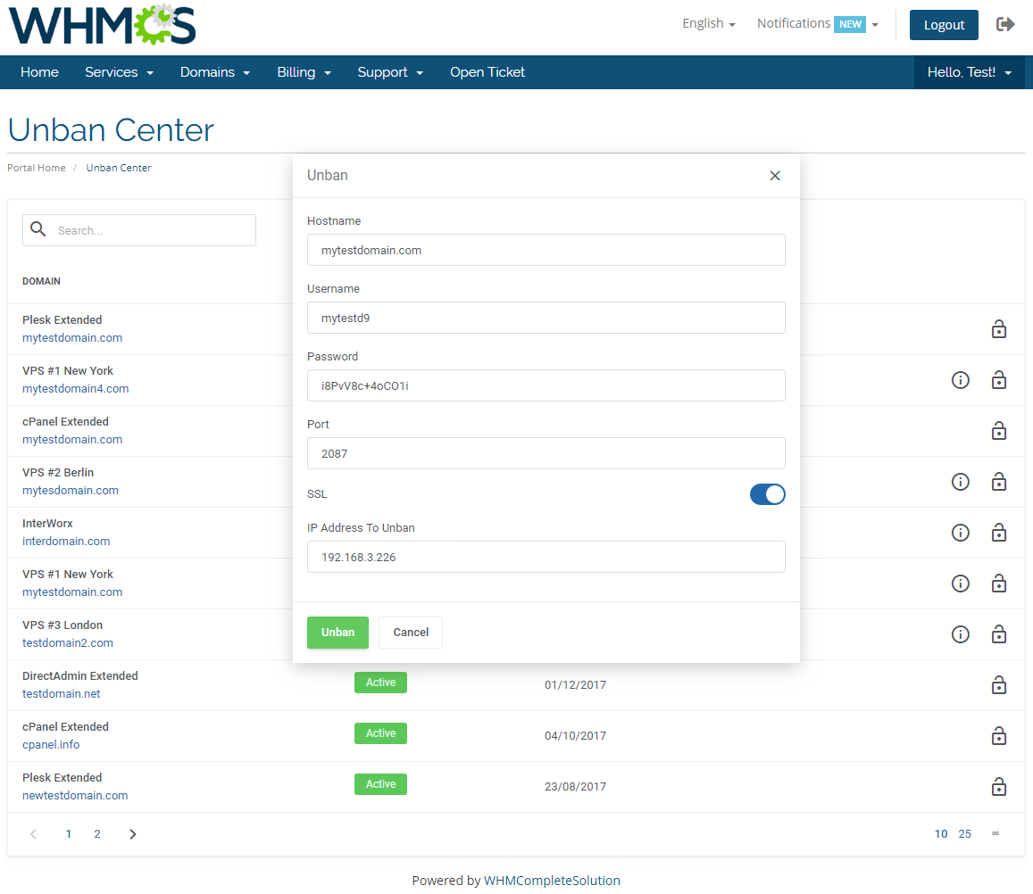 Unban Center For WHMCS: Module Screenshot 3