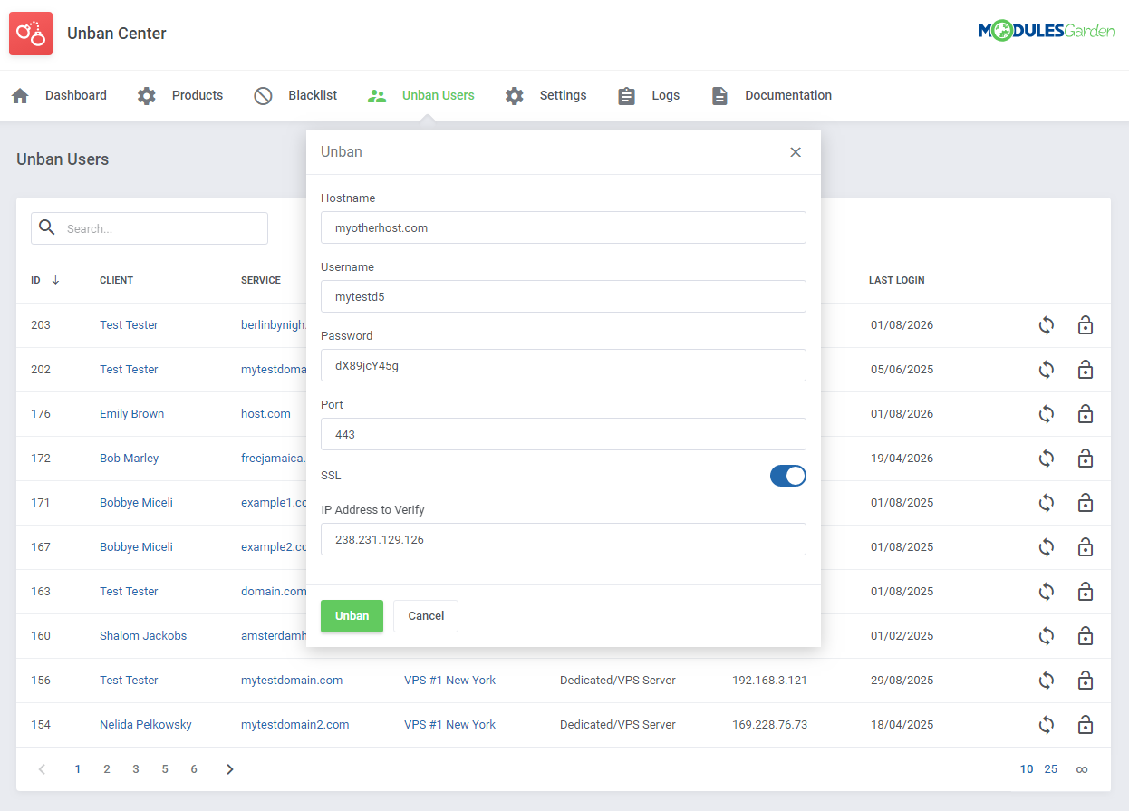 Unban Center For WHMCS: Module Screenshot 14