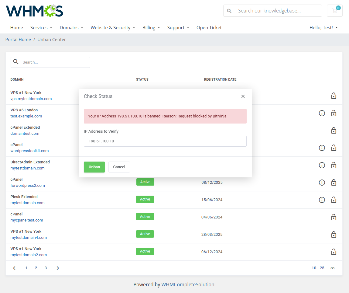 Unban Center For WHMCS: Module Screenshot 1