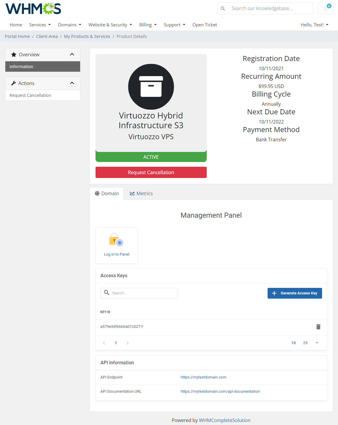 Virtuozzo Hybrid Infrastructure S3 For WHMCS: Module Screenshot 1