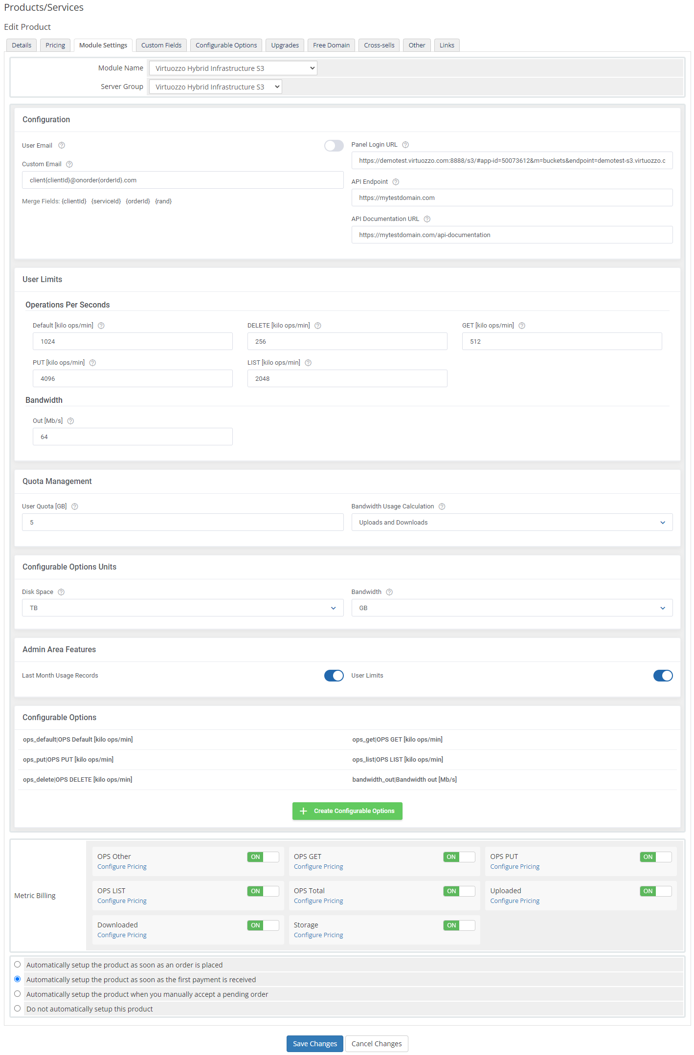 Virtuozzo Hybrid Infrastructure S3 For WHMCS: Module Screenshot 7